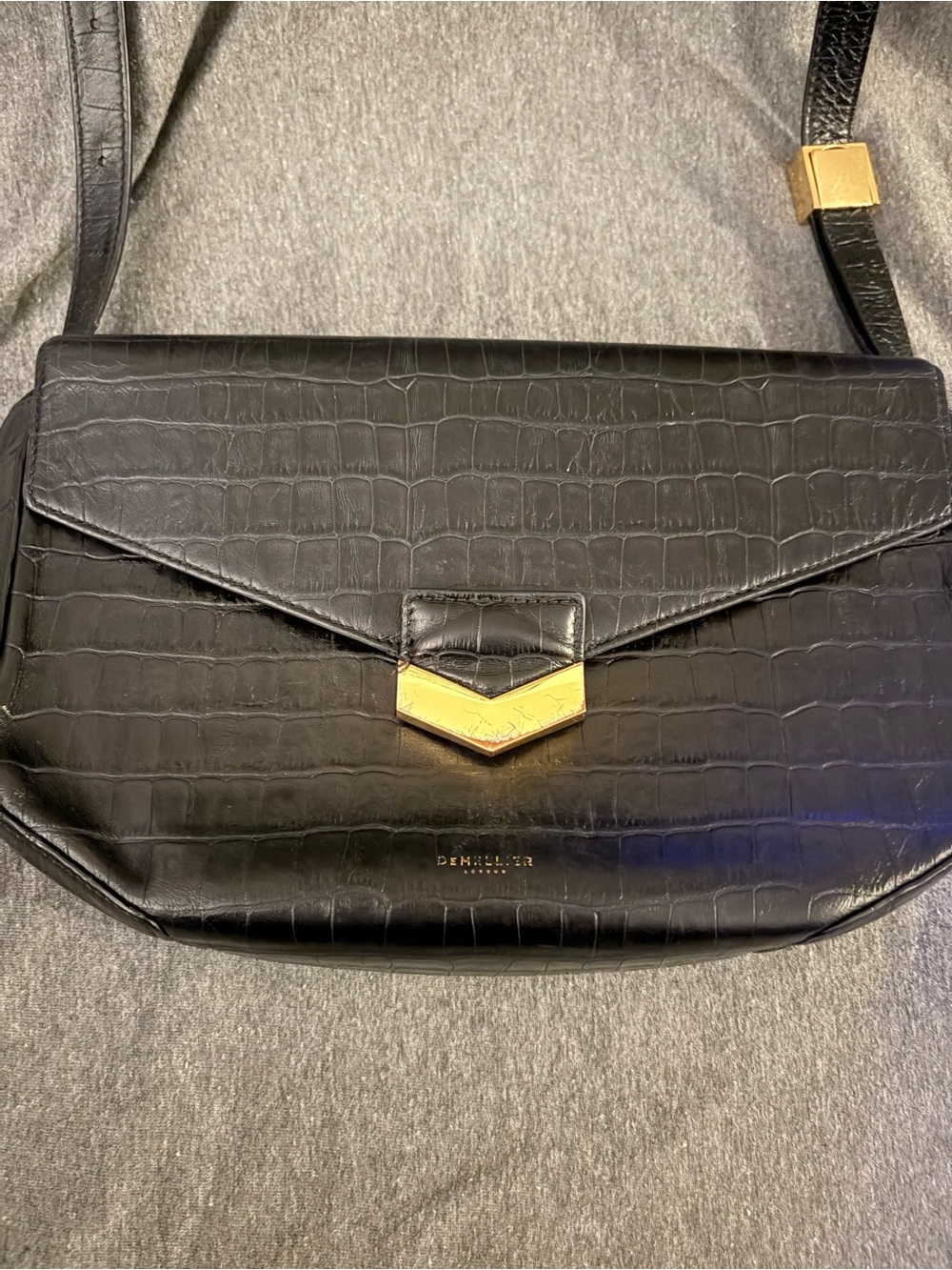 DeMellier Black Croc-Embossed Crossbody Bag with Gold Hardware